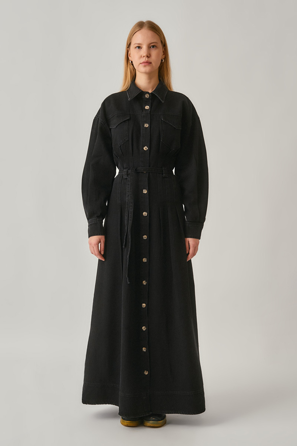 Korse Bel Denim Elbise Siyah - 1