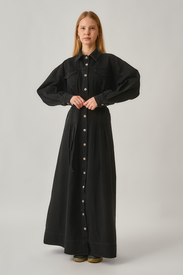 Korse Bel Denim Elbise Siyah - 3