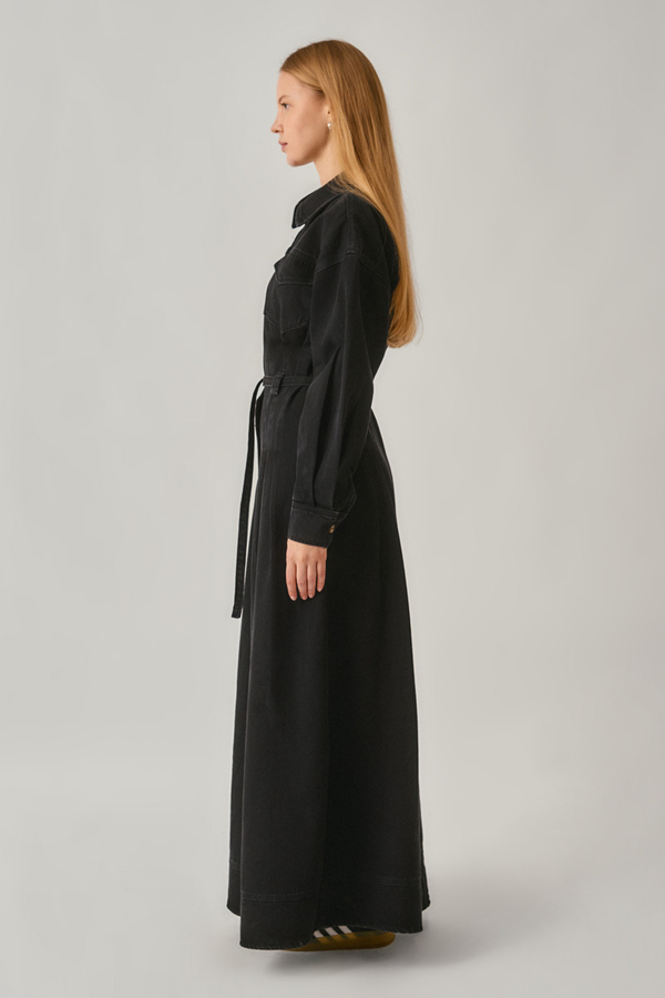 Korse Bel Denim Elbise Siyah - 6