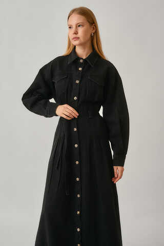 Korse Bel Denim Elbise Siyah - 4