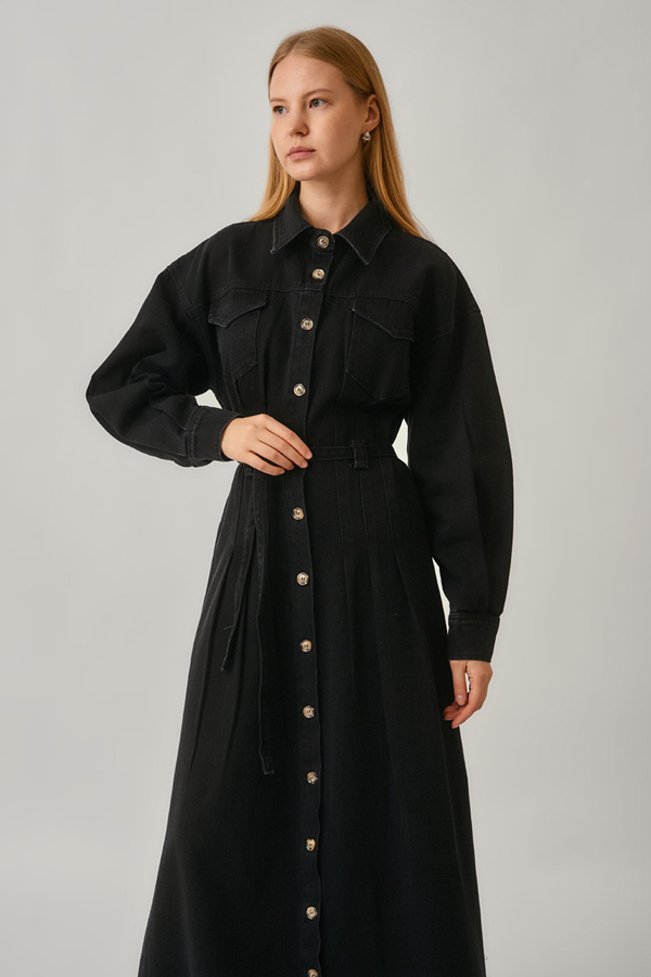 Korse Bel Denim Elbise Siyah - 4