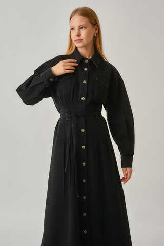 Korse Bel Denim Elbise Siyah - 7