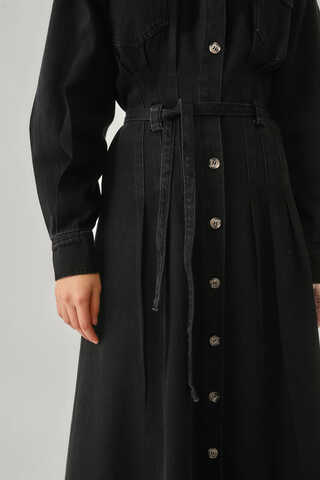 Korse Bel Denim Elbise Siyah - 2