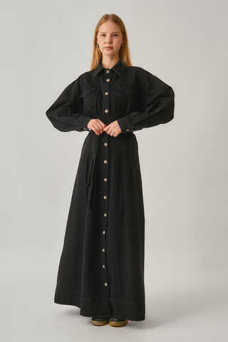 Korse Bel Denim Elbise Siyah - 3