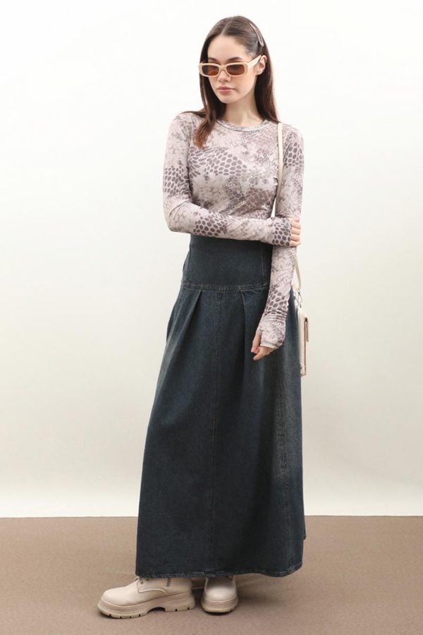 Korse Bel Denim Etek Koyu Mavi 