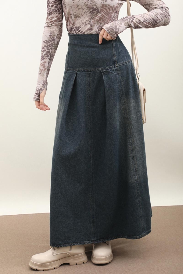 Korse Bel Denim Etek Koyu Mavi - 4