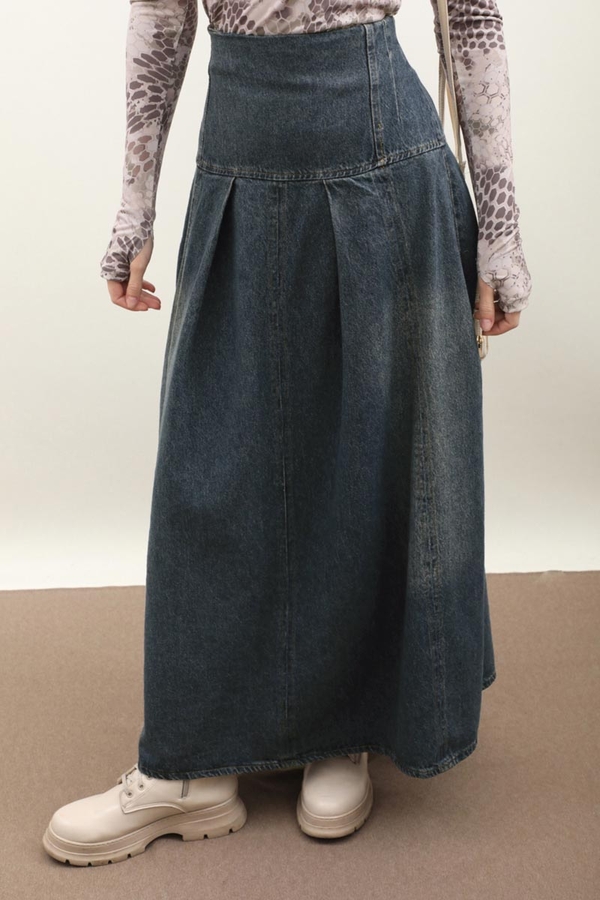 Korse Bel Denim Etek Koyu Mavi - 5