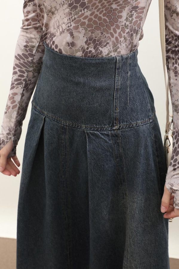 Korse Bel Denim Etek Koyu Mavi - 6