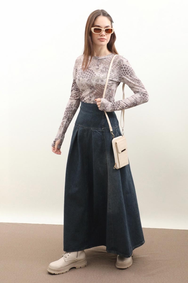 Korse Bel Denim Etek Koyu Mavi (1)