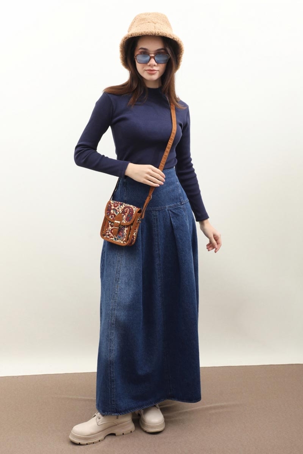 Korse Bel Denim Etek Mavi 