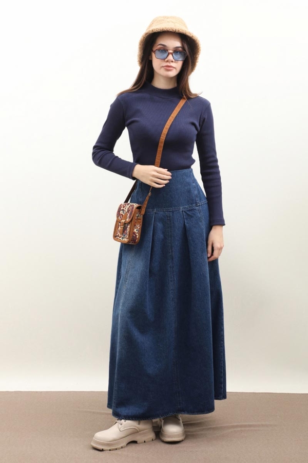 Korse Bel Denim Etek Mavi - 6