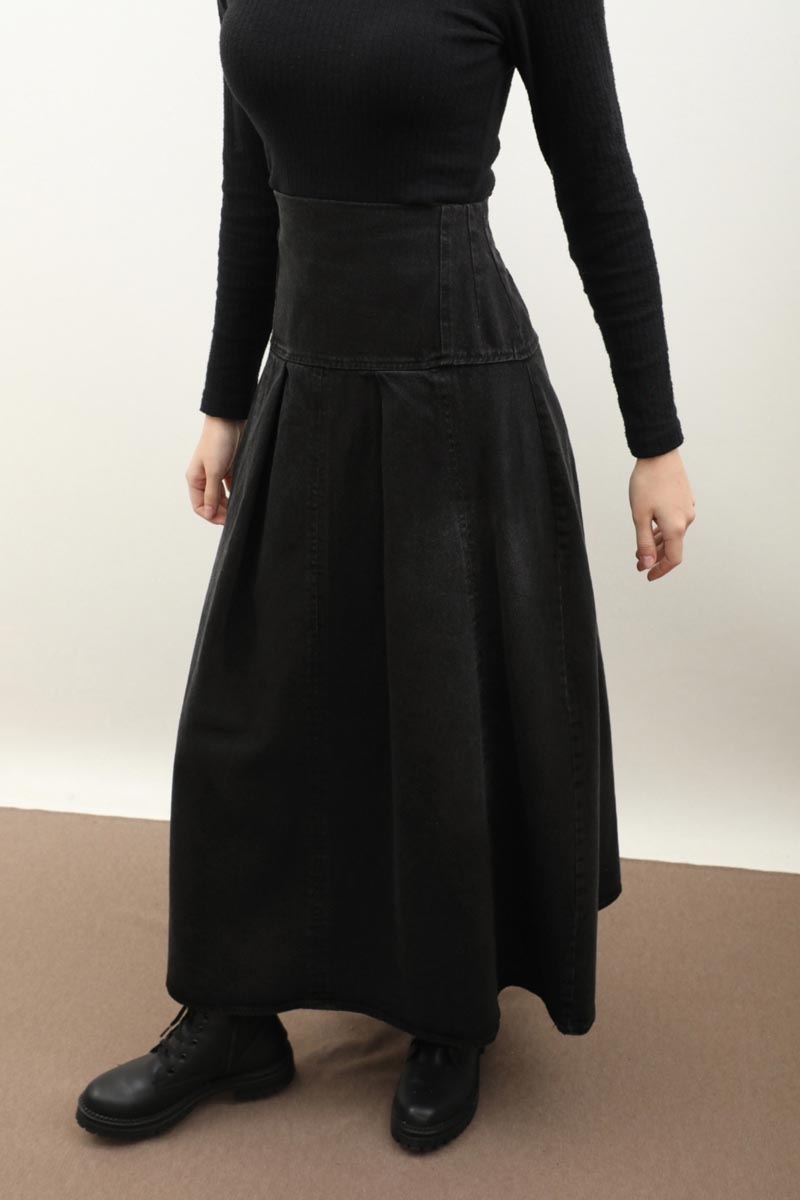 Korse Bel Denim Etek Siyah