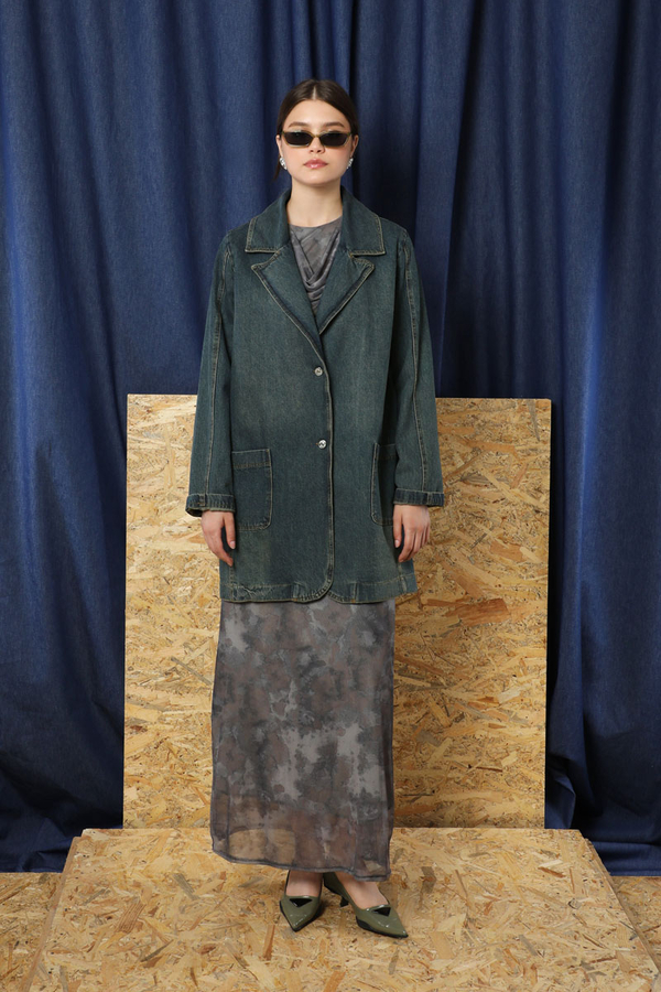 Denim Blazer Ceket Koyu Mavi - 2