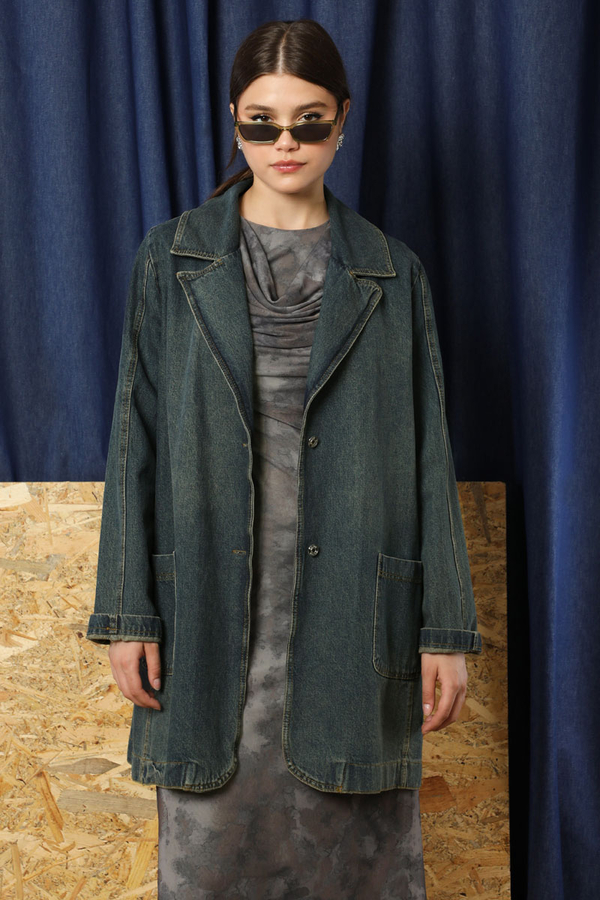 Denim Blazer Ceket Koyu Mavi - 5