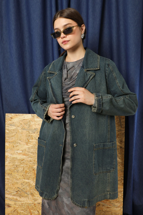 Denim Blazer Ceket Koyu Mavi - 6