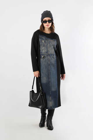 Kot Detaylı Tunik Elbise Siyah - 1