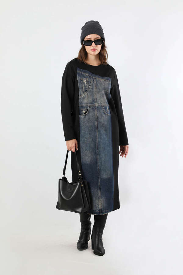 Kot Detaylı Tunik Elbise Siyah - 1