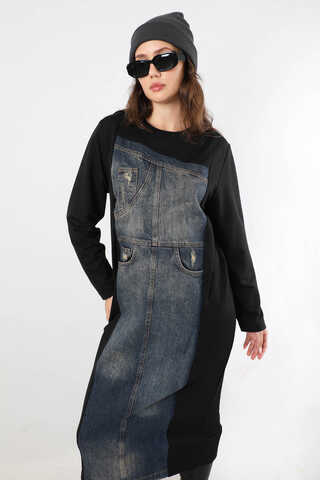 Kot Detaylı Tunik Elbise Siyah - 2