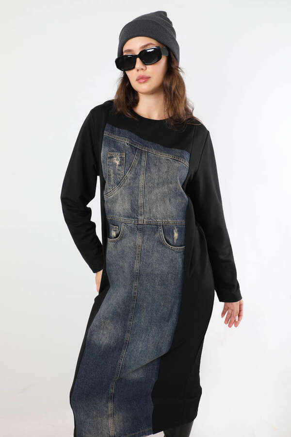 Kot Detaylı Tunik Elbise Siyah - 2