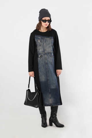 Kot Detaylı Tunik Elbise Siyah - 5