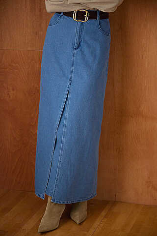 Çapraz Kesim Denim Etek Açık Mavi - 4