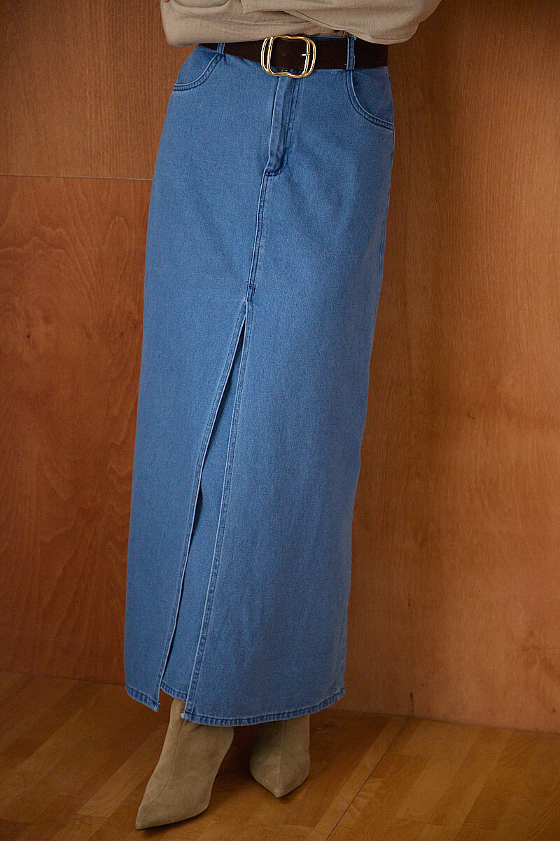 Çapraz Kesim Denim Etek Açık Mavi - 4