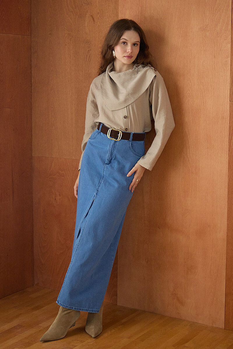 Çapraz Kesim Denim Etek Açık Mavi