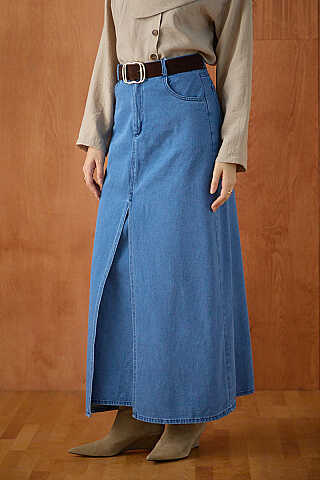 Çapraz Kesim Denim Etek Açık Mavi - 5