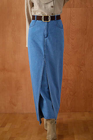 Çapraz Kesim Denim Etek Açık Mavi - 3