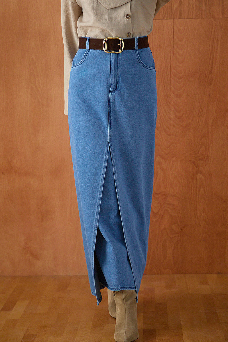 Çapraz Kesim Denim Etek Açık Mavi - 3