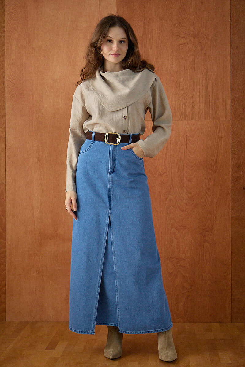 Çapraz Kesim Denim Etek Açık Mavi - 2