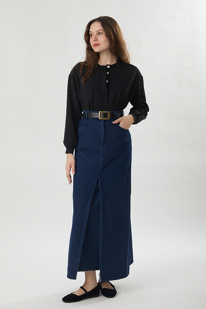 Çapraz Kesim Denim Etek Koyu Mavi - 4