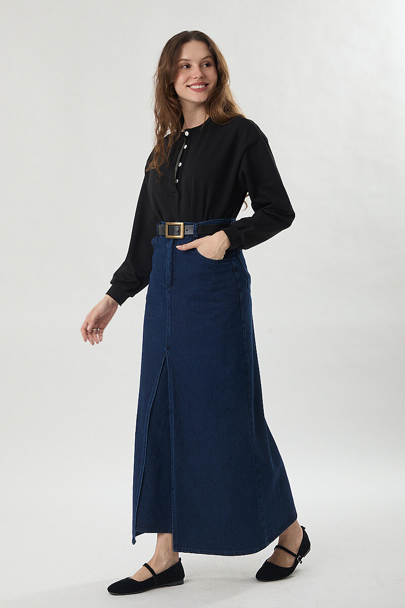Çapraz Kesim Denim Etek Koyu Mavi - 5