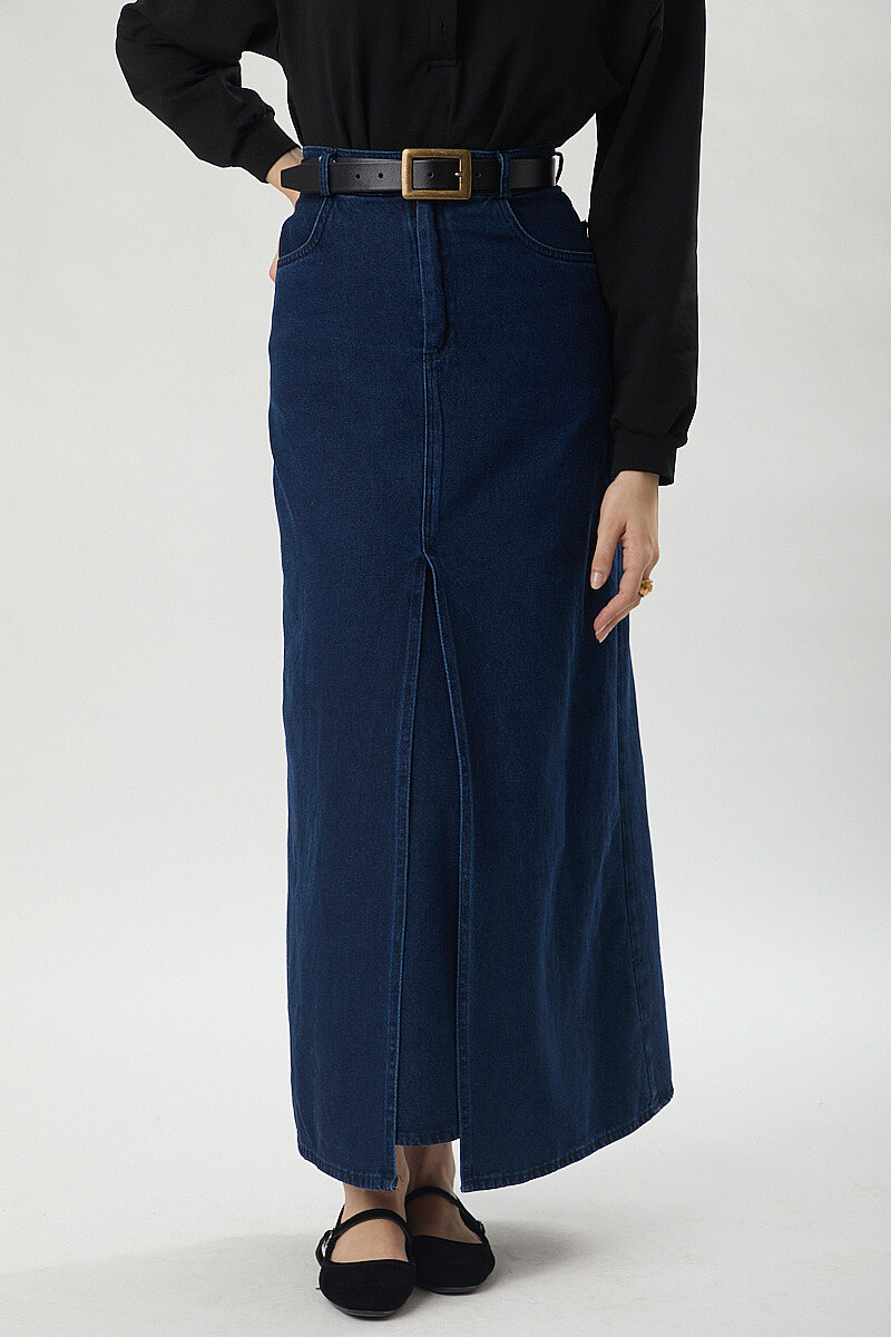 Çapraz Kesim Denim Etek Koyu Mavi - 6