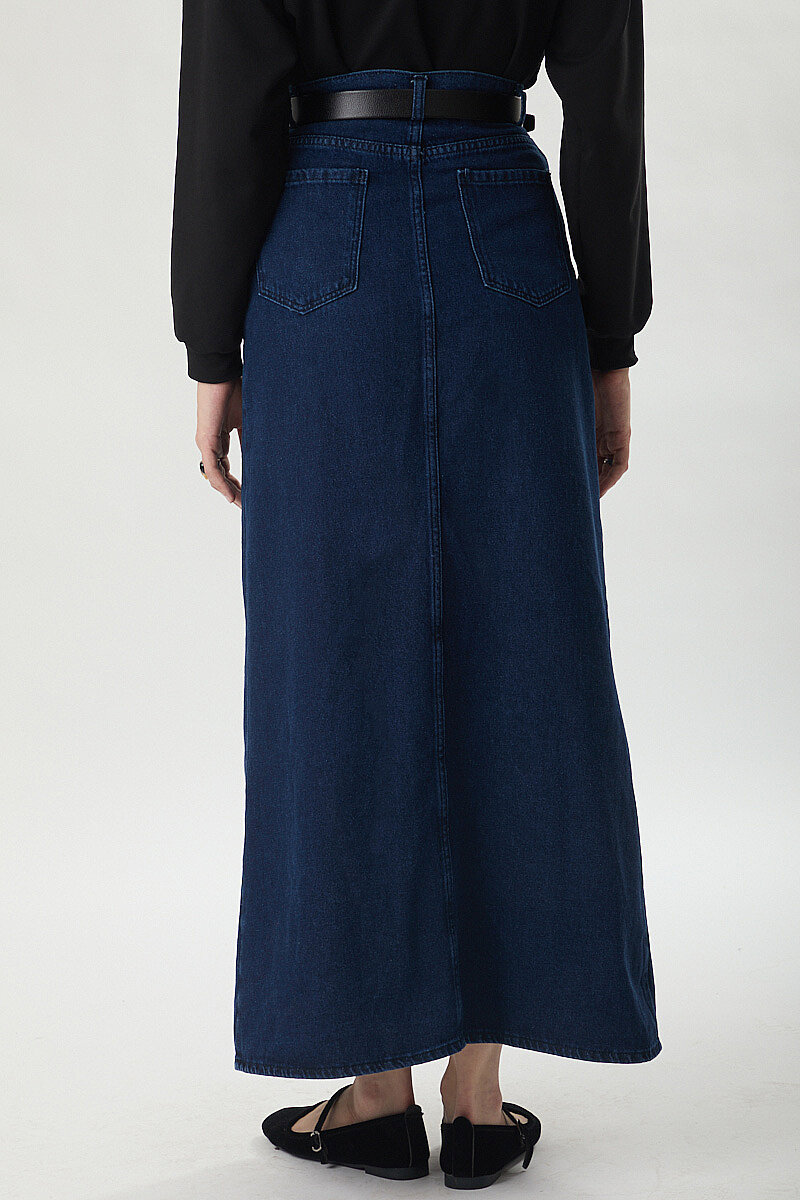 Çapraz Kesim Denim Etek Koyu Mavi - 3