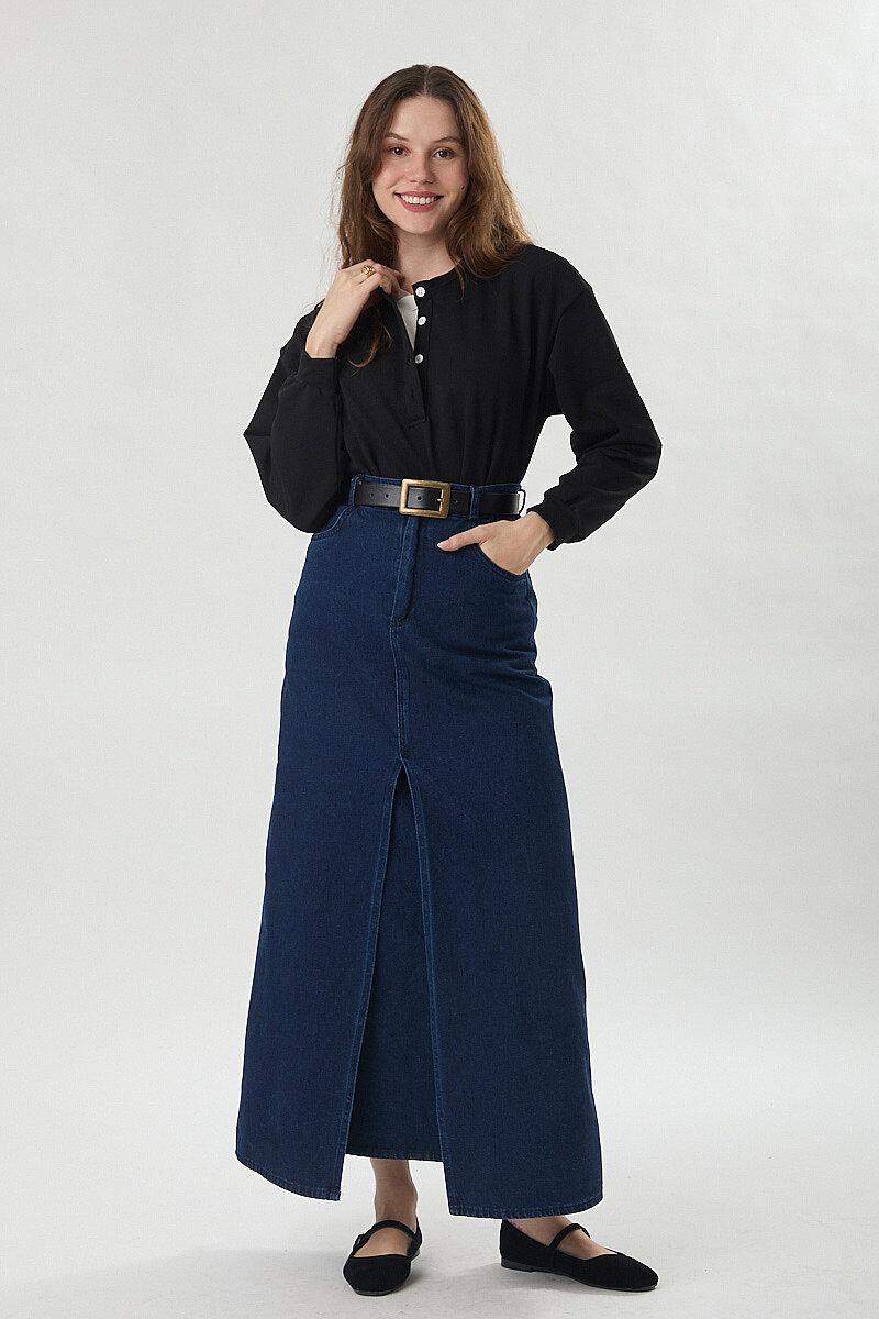 Çapraz Kesim Denim Etek Koyu Mavi - 7
