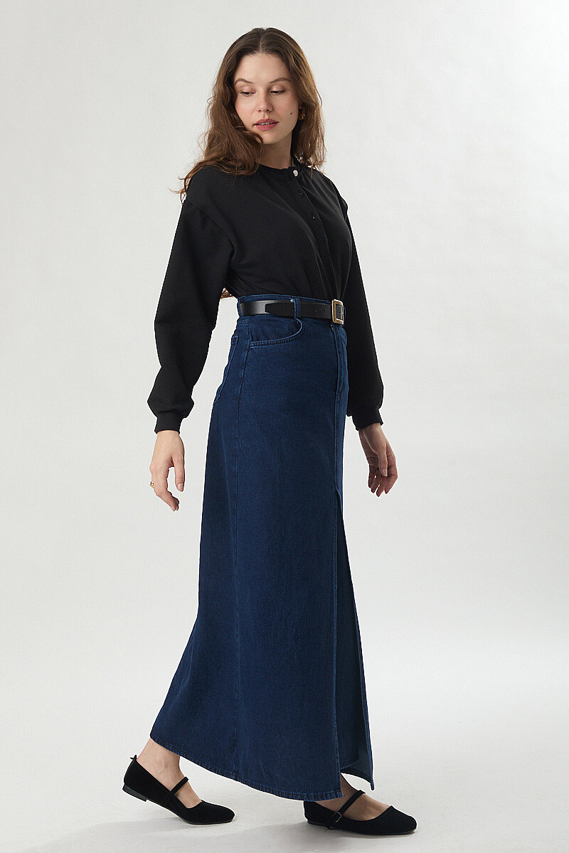 Çapraz Kesim Denim Etek Koyu Mavi - 8