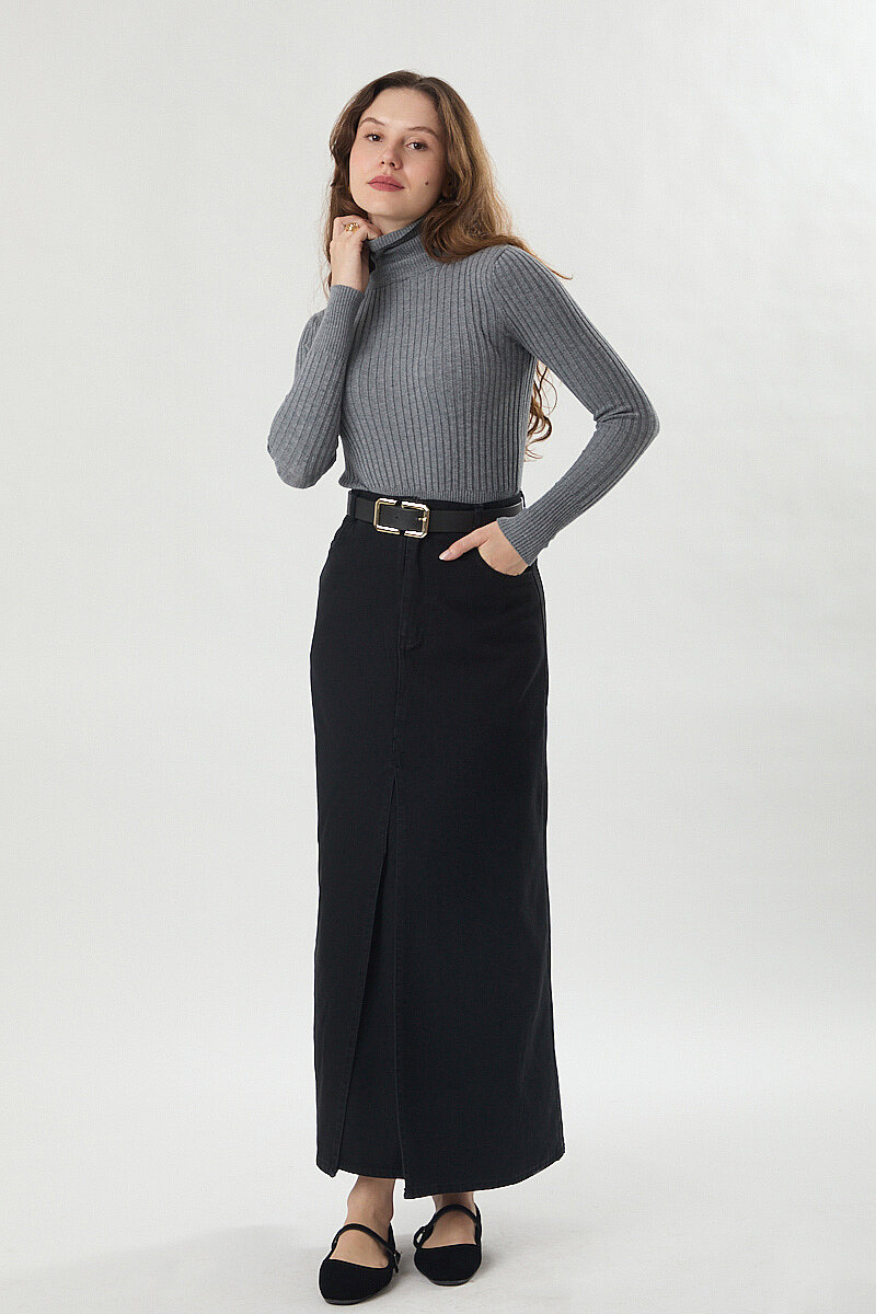 Çapraz Kesim Denim Etek Siyah - 2
