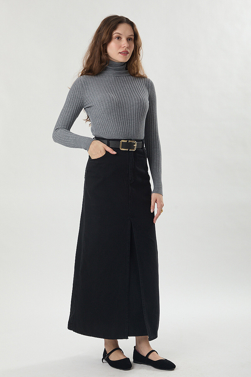 Çapraz Kesim Denim Etek Siyah - 5