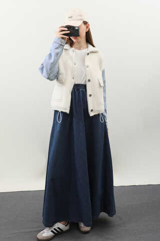 Kot Kollu Düğmeli Ceket Krem - 1