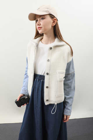 Kot Kollu Düğmeli Ceket Krem - 3