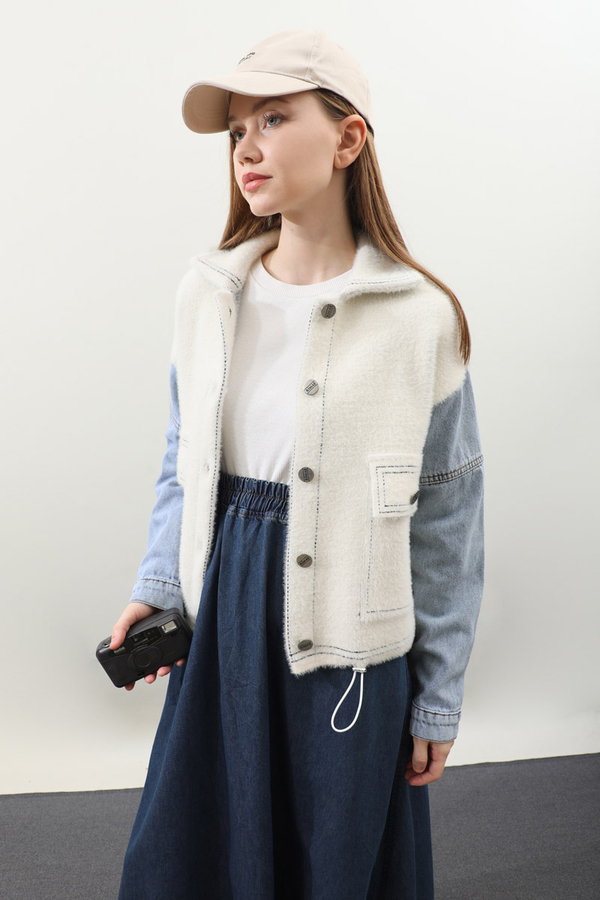 Kot Kollu Düğmeli Ceket Krem - 3