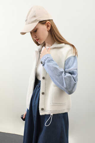 Kot Kollu Düğmeli Ceket Krem - 4