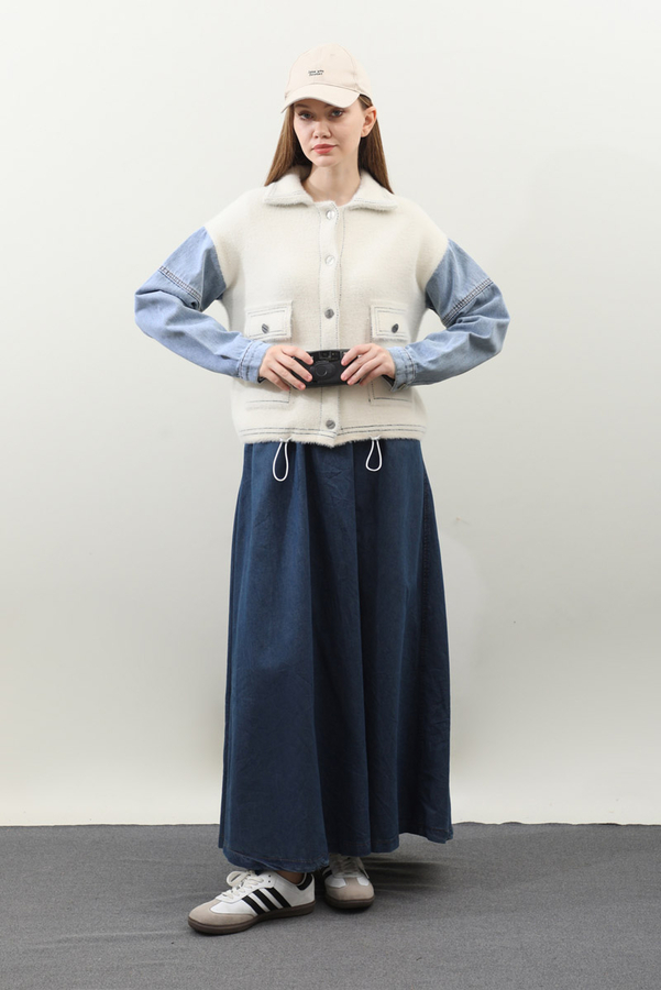 Kot Kollu Düğmeli Ceket Krem - 5