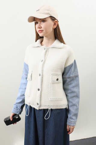 Kot Kollu Düğmeli Ceket Krem - 6