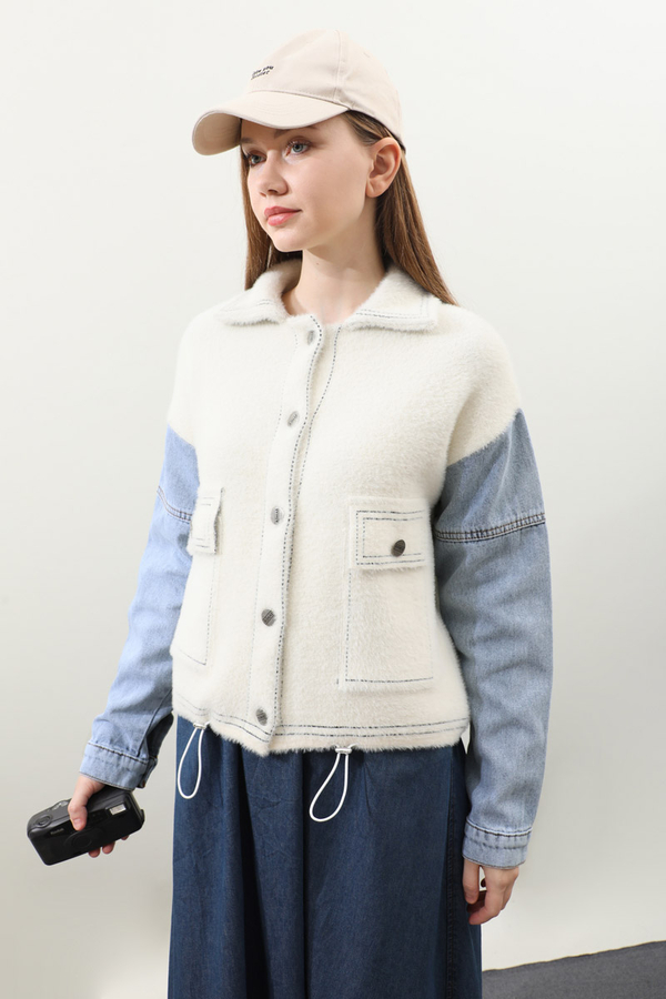 Kot Kollu Düğmeli Ceket Krem - 6