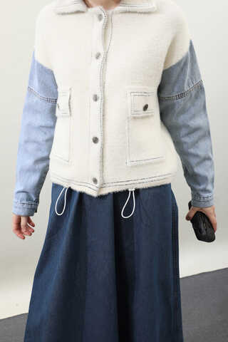 Kot Kollu Düğmeli Ceket Krem - 7