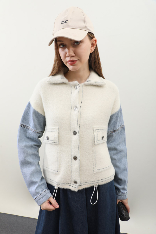 Kot Kollu Düğmeli Ceket Krem - 8