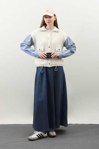 Kot Kollu Düğmeli Ceket Krem - 5