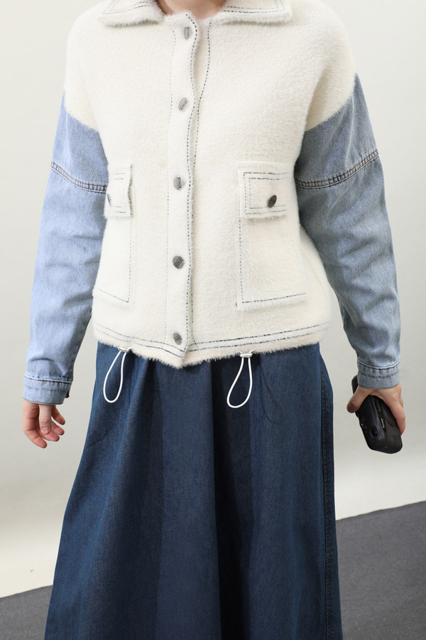 Kot Kollu Düğmeli Ceket Krem - 7